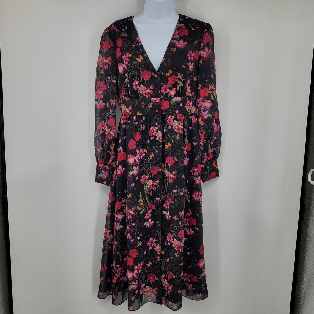 NWT Ted Baker Adriela Fern Forest Floral Butterfly Midi Dress Black 0-2 Fairy